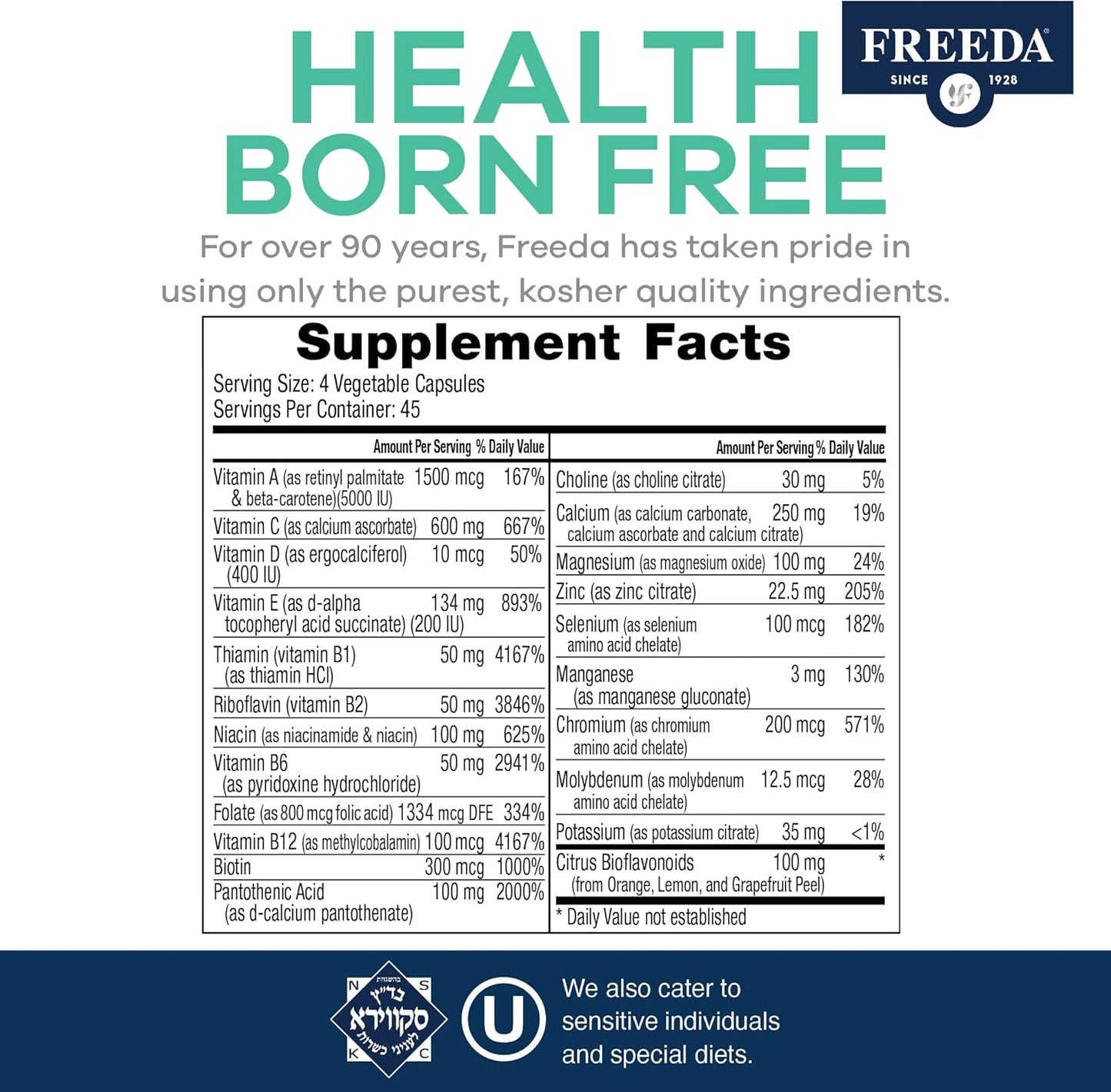 180 Count FREEDA Kosher Multivitamin Supplements for Men and Women's Health, SCD Certified