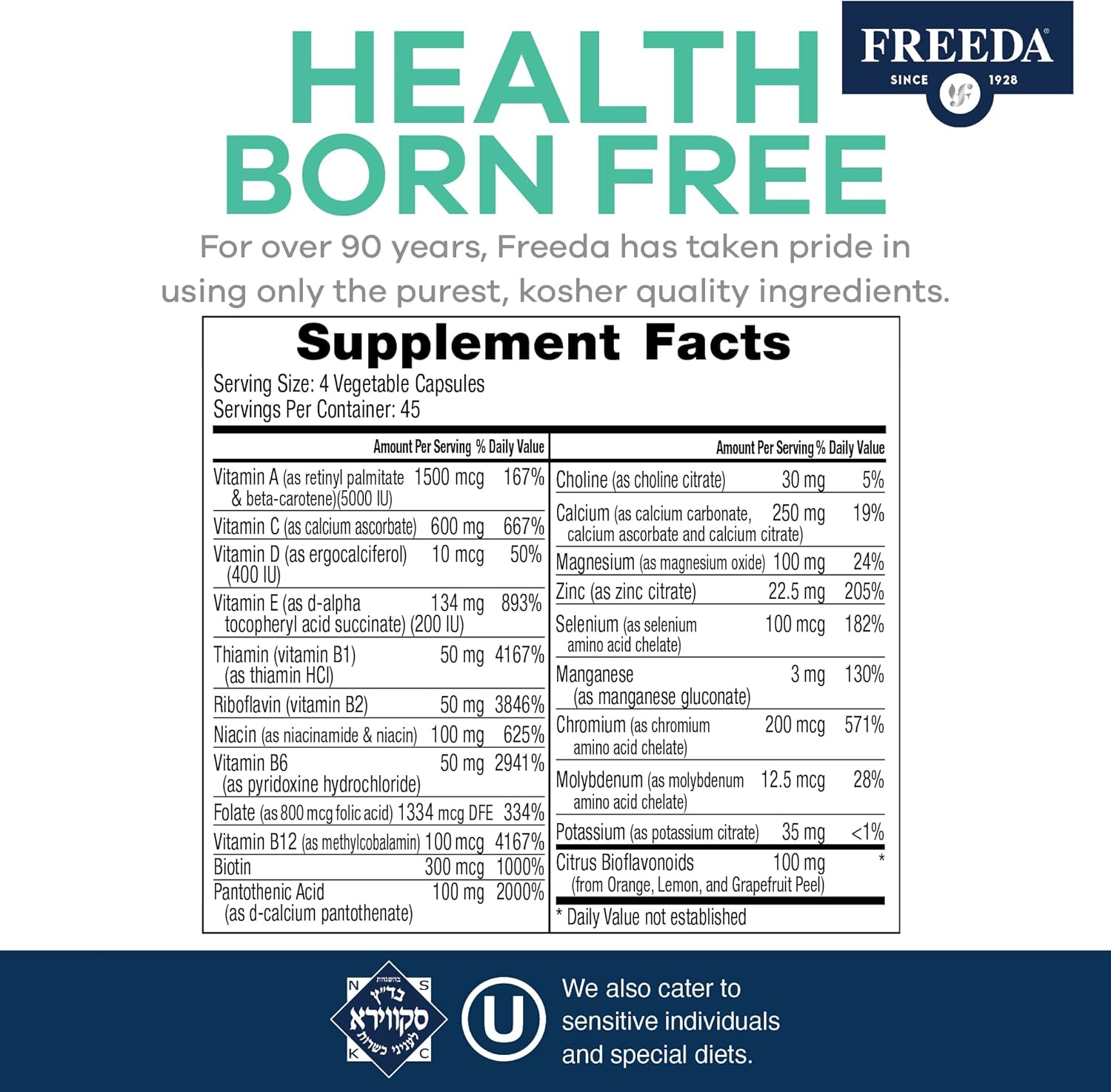 180 Count FREEDA Kosher Multivitamin Supplements for Men and Women's Health, SCD Certified