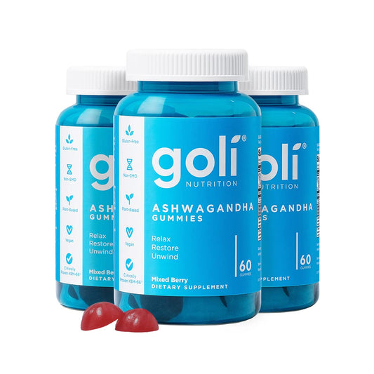 180-Count Goli Ashwagandha & Vitamin D Gummies, Mixed Berry Flavor, KSM-66, Vegan, Plant-Based, Non-GMO, Gluten-Free, Gelatin-Free - Pack of 3