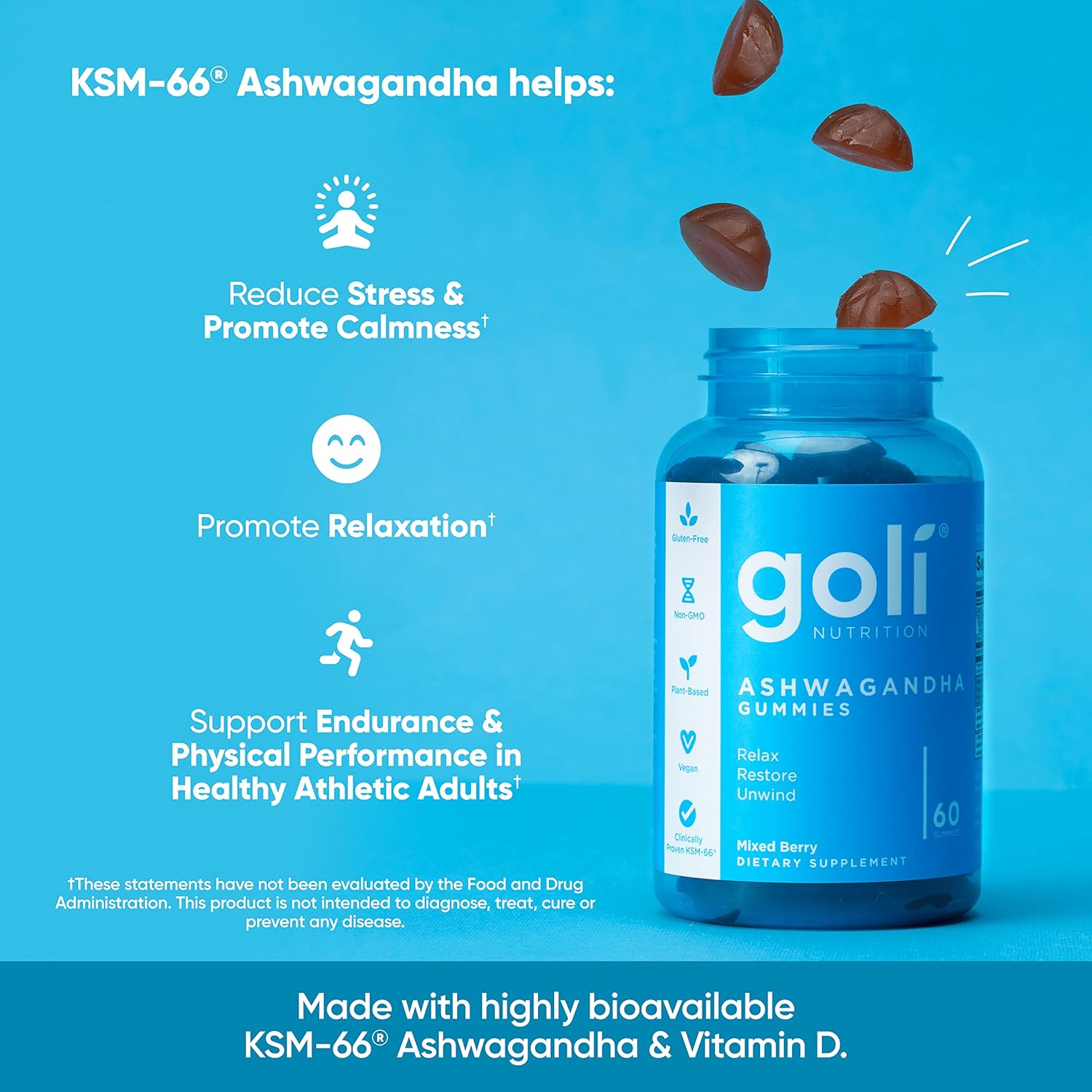 180-Count Goli Ashwagandha & Vitamin D Gummies, Mixed Berry Flavor, KSM-66, Vegan, Plant-Based, Non-GMO, Gluten-Free, Gelatin-Free - Pack of 3