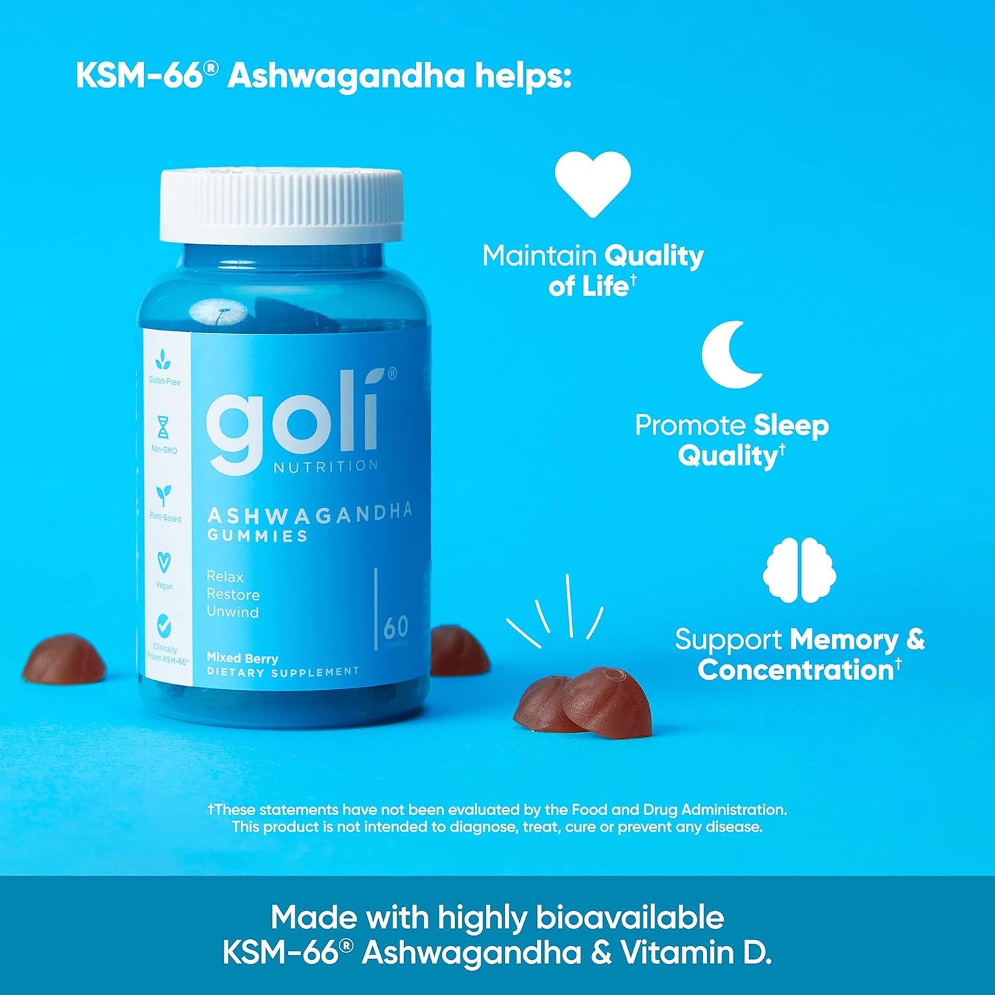 180-Count Goli Ashwagandha & Vitamin D Gummies, Mixed Berry Flavor, KSM-66, Vegan, Plant-Based, Non-GMO, Gluten-Free, Gelatin-Free - Pack of 3