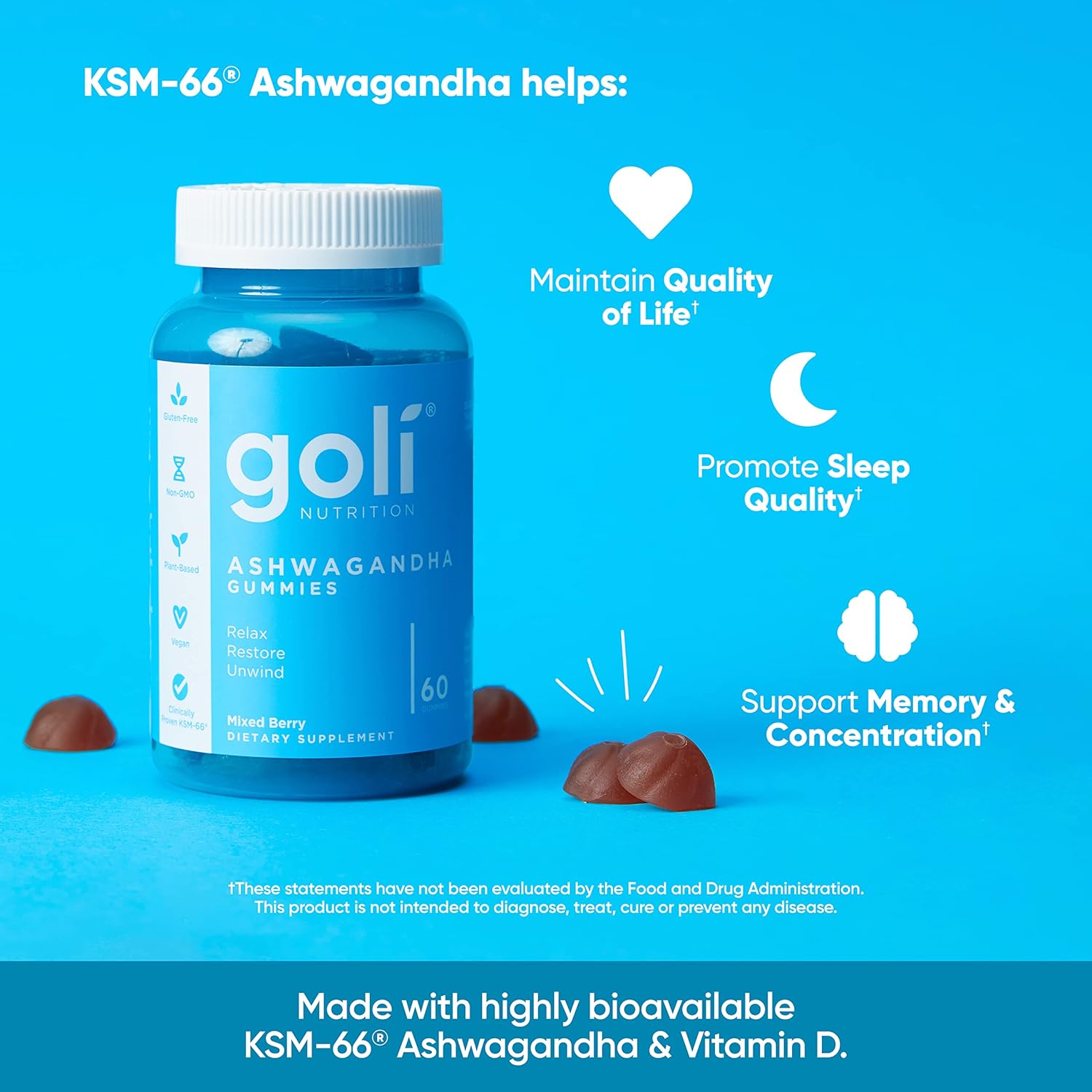 180-Count Goli Ashwagandha & Vitamin D Gummies, Mixed Berry Flavor, KSM-66, Vegan, Plant-Based, Non-GMO, Gluten-Free, Gelatin-Free - Pack of 3