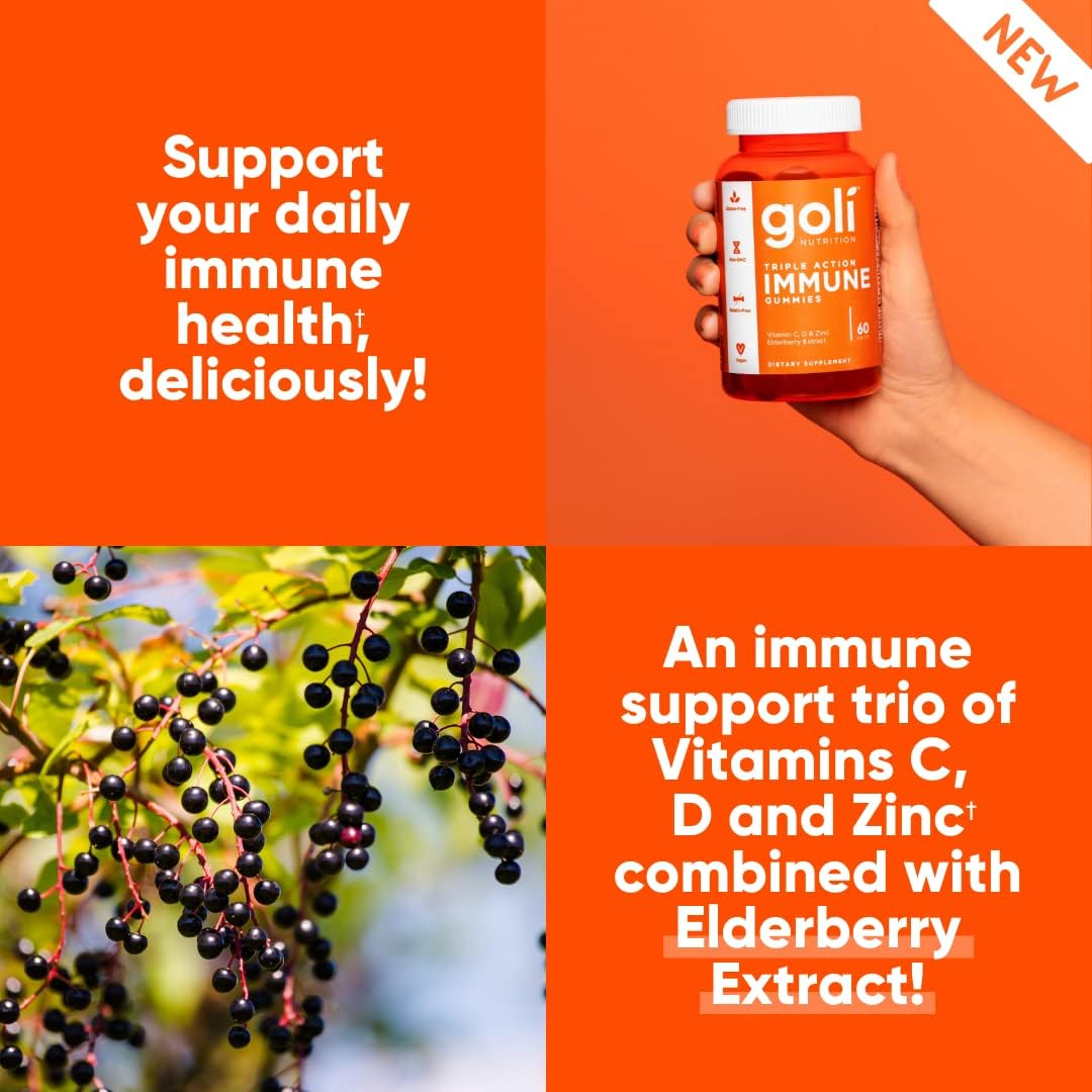 180 Count Goli Immune Vitamin Gummies with Elderberry, Vitamin C, D & Zinc - Vegan, Non-GMO, Gluten-Free - Pack of 3