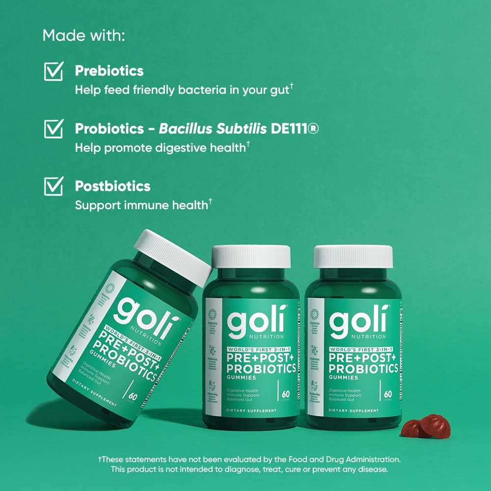 180 Count Goli Nutritional Supplement Gummies with Pre, Post, and Probiotics - Gluten-Free, Vegan, Non-GMO, Gelatin-Free - 3-in-1 Formula