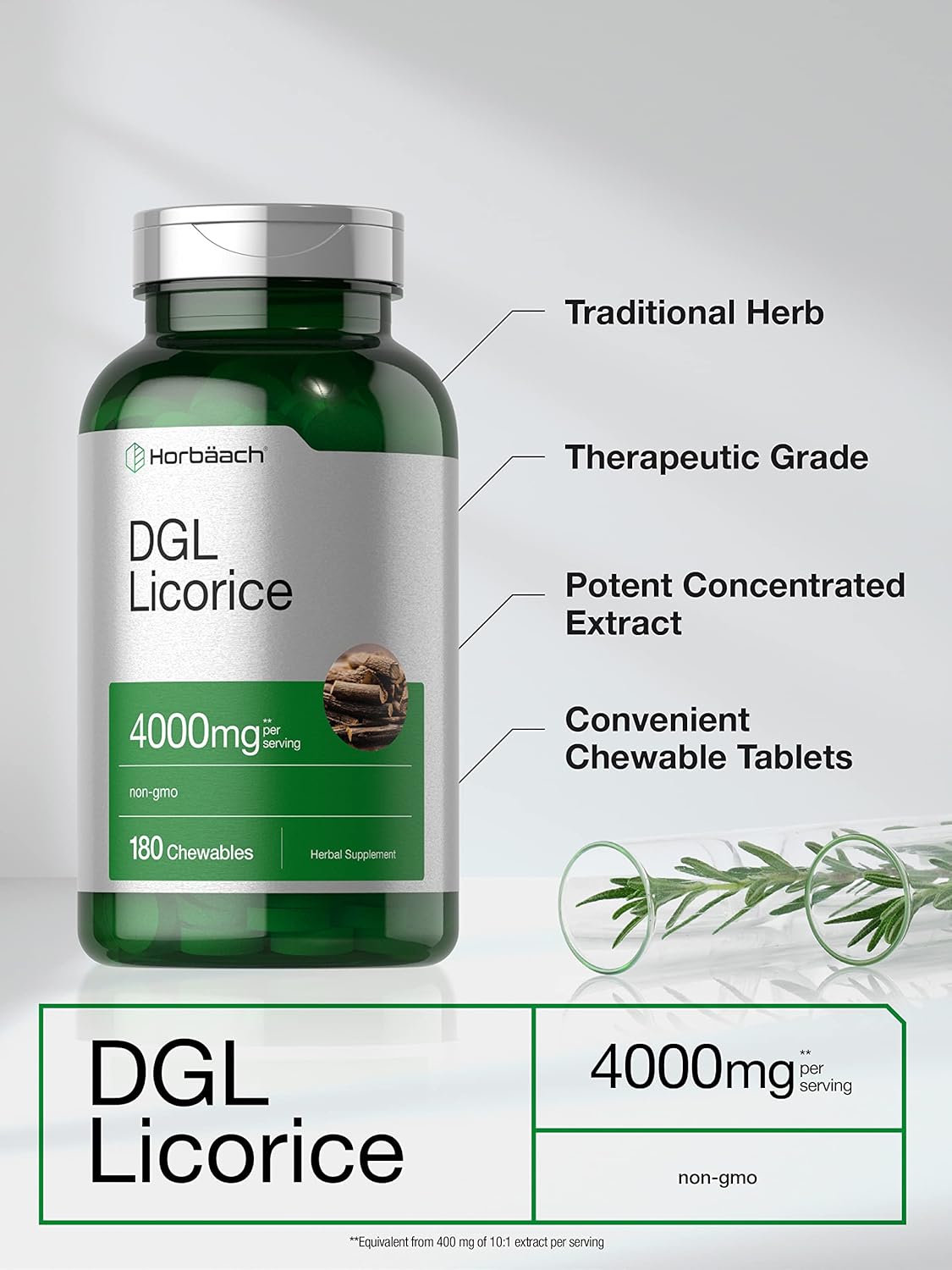 180 Count Horbäach DGL Licorice Chewable Tablets - 4000mg - Vegetarian & Non-GMO