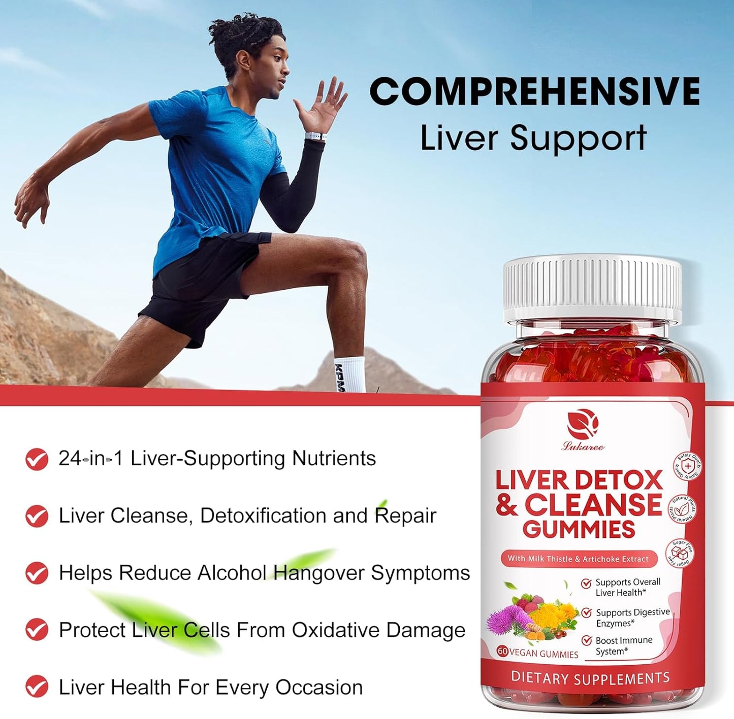 180 Count Lukaree Liver Cleanse Detox Gummies with Milk Thistle, Dandelion, Artichoke & Elderberry - Raspberry Flavor, No Sugar