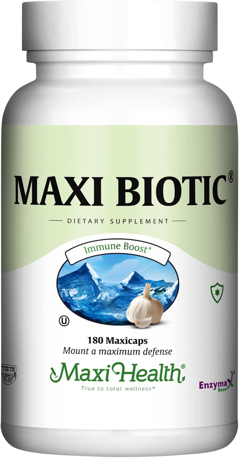 180 Count Maxi Health Maxi Biotic Aged Garlic Extract Capsules with Spirulina, Echinacea, Oregano, Enzymax - Natural Antioxidant & Wellness Support Supplement