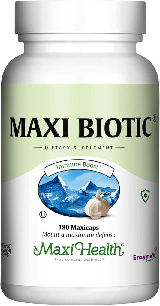 180 Count Maxi Health Maxi Biotic Aged Garlic Extract Capsules with Spirulina, Echinacea, Oregano, Enzymax - Natural Antioxidant & Wellness Support Supplement