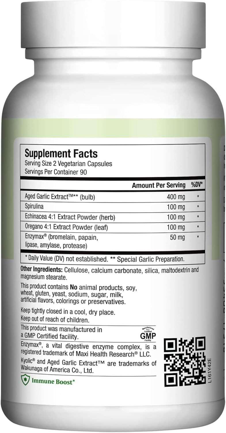 180 Count Maxi Health Maxi Biotic Aged Garlic Extract Capsules with Spirulina, Echinacea, Oregano, Enzymax - Natural Antioxidant & Wellness Support Supplement