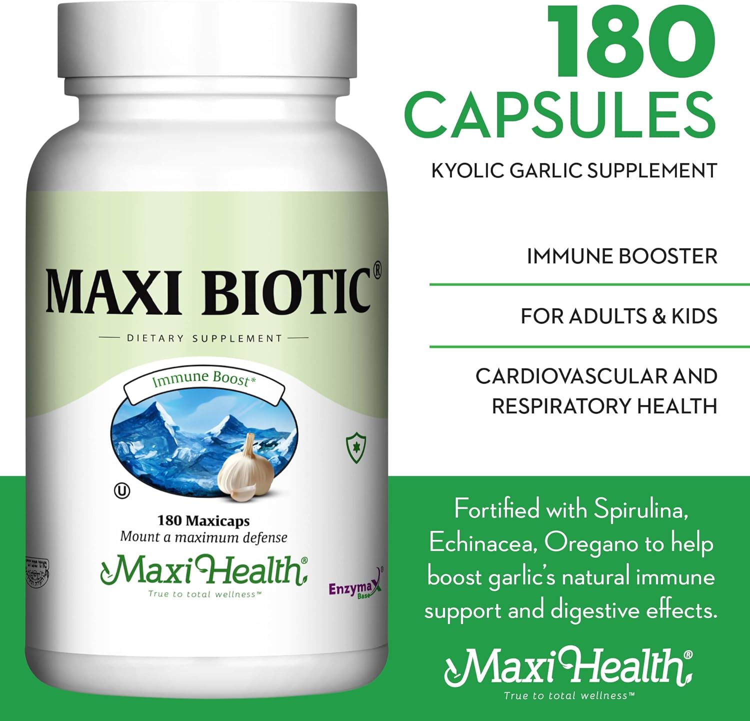 180 Count Maxi Health Maxi Biotic Aged Garlic Extract Capsules with Spirulina, Echinacea, Oregano, Enzymax - Natural Antioxidant & Wellness Support Supplement