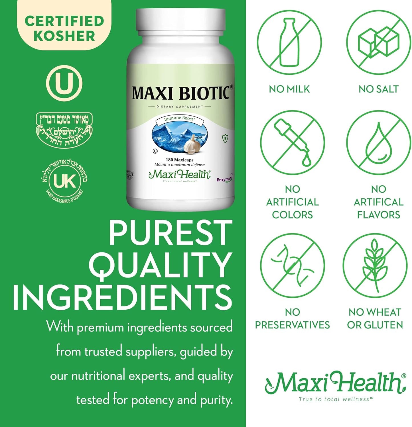 180 Count Maxi Health Maxi Biotic Aged Garlic Extract Capsules with Spirulina, Echinacea, Oregano, Enzymax - Natural Antioxidant & Wellness Support Supplement