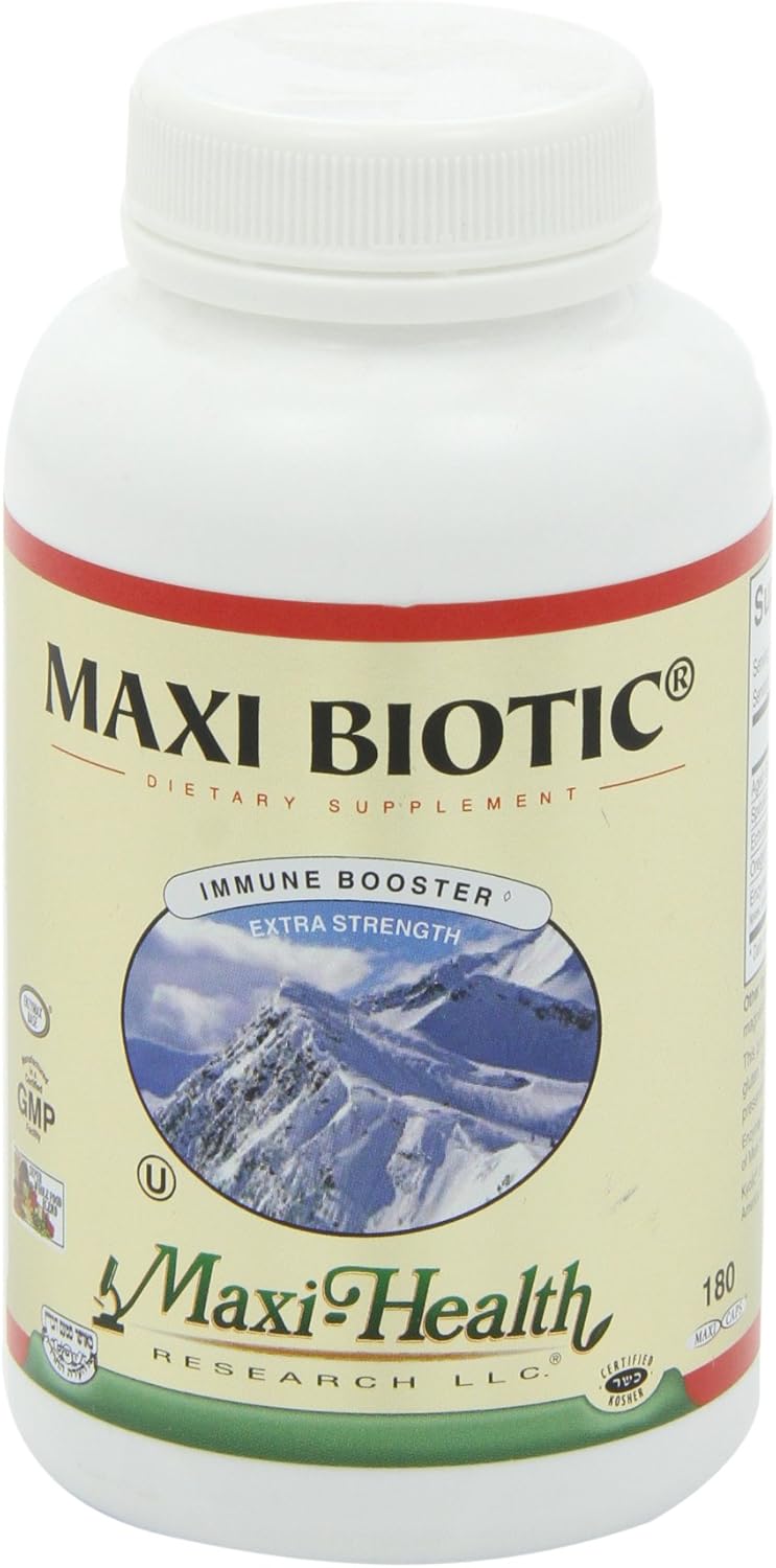 180 Count Maxi Health Maxi Biotic Aged Garlic Extract Capsules with Spirulina, Echinacea, Oregano, Enzymax - Natural Antioxidant & Wellness Support Supplement