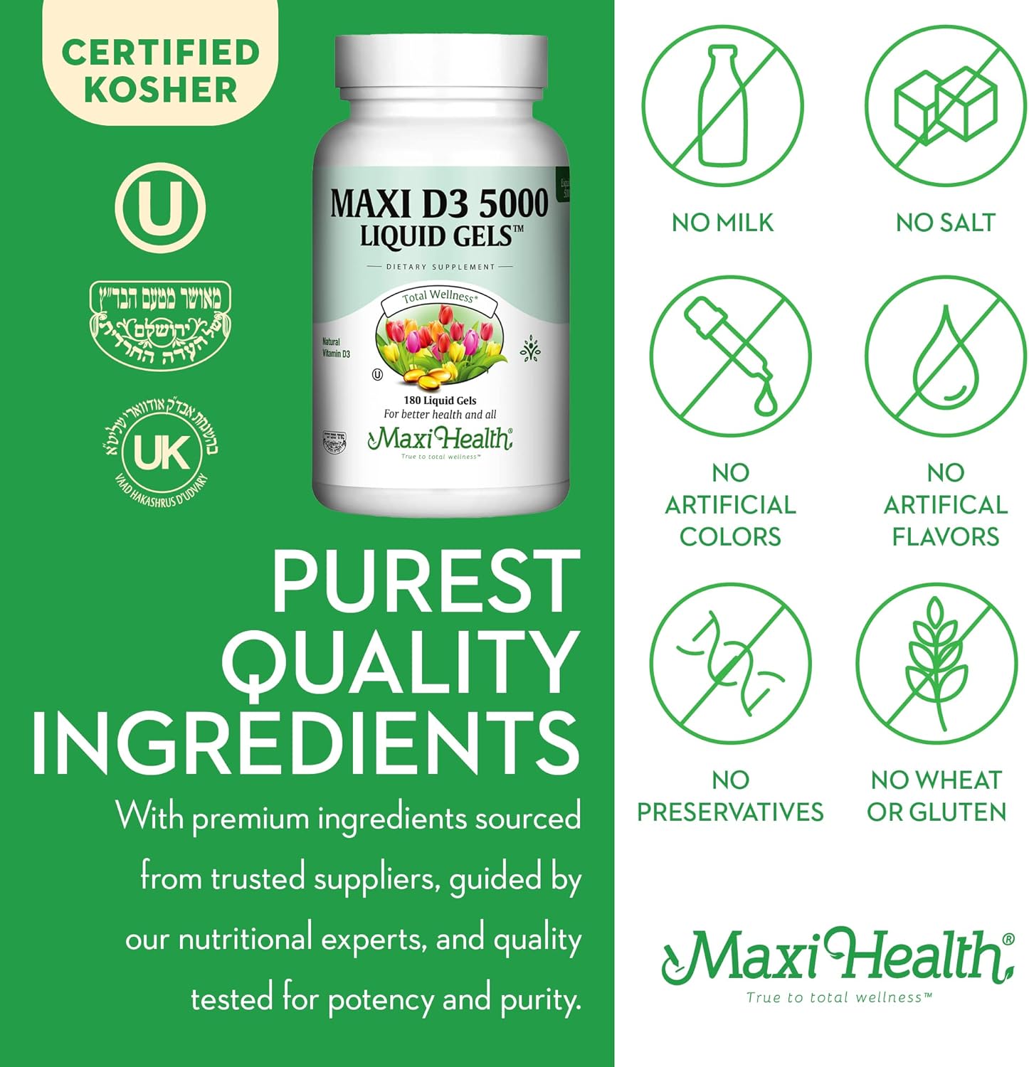 180 Count Maxi Health Vitamin D3 5000 IU Softgels for Healthy Bones, Teeth & Immune Support