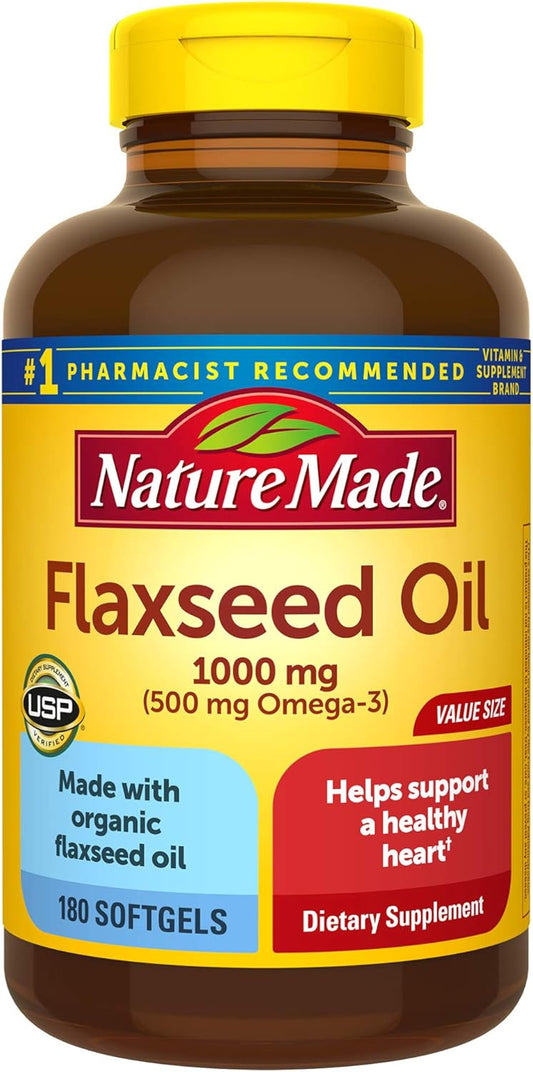 180 Count Nature Made Flaxseed Oil Softgels - 1000 mg for Heart Health