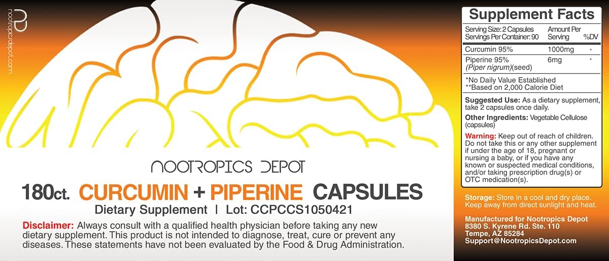 180 Count Nootropics Depot Curcumin + Piperine Capsules - 1000mg Curcumin + 6mg Piperine - Cognitive Support for Focus and Clarity
