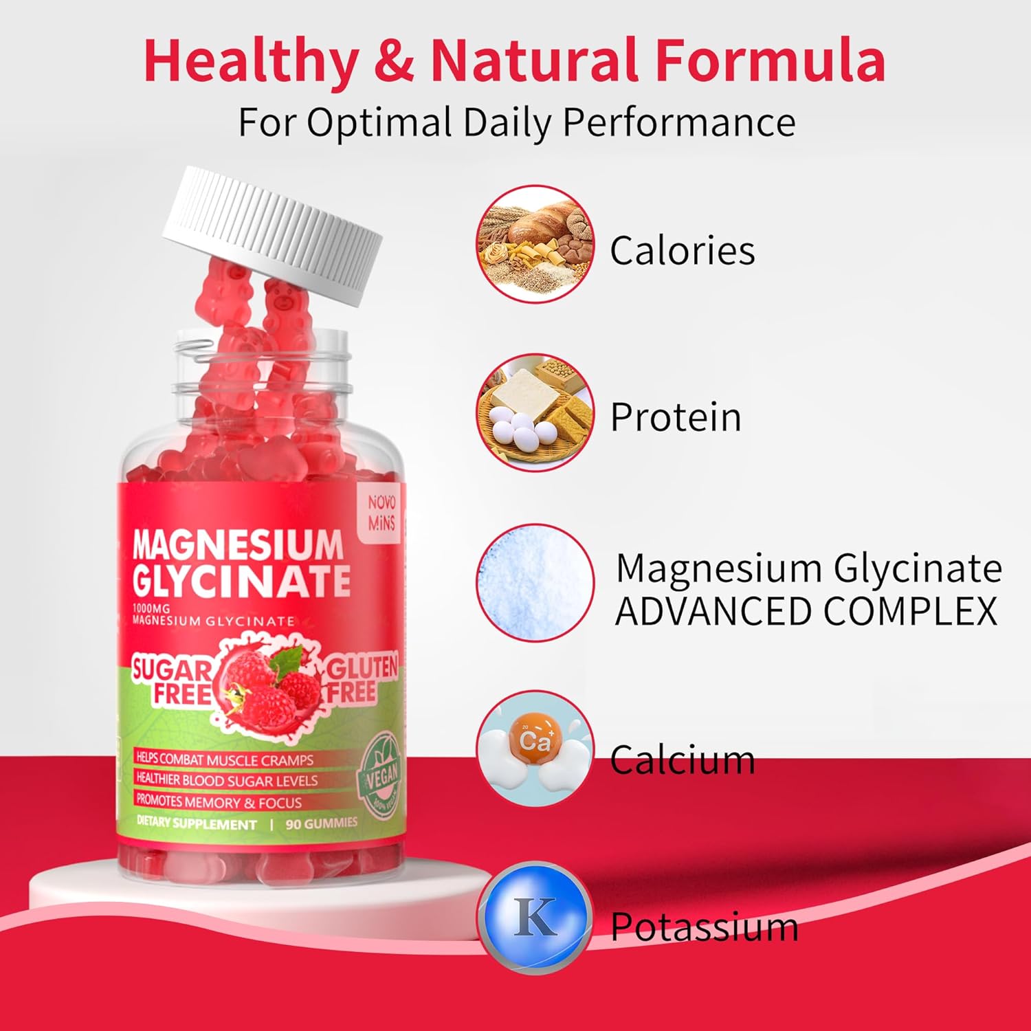 180 Count Novomins Magnesium Glycinate Gummies - 1000mg Sugar-Free Supplement with Potassium, Vitamin D, B6, CoQ10 for Calm Mood & Sleep Support - Raspberry Flavor
