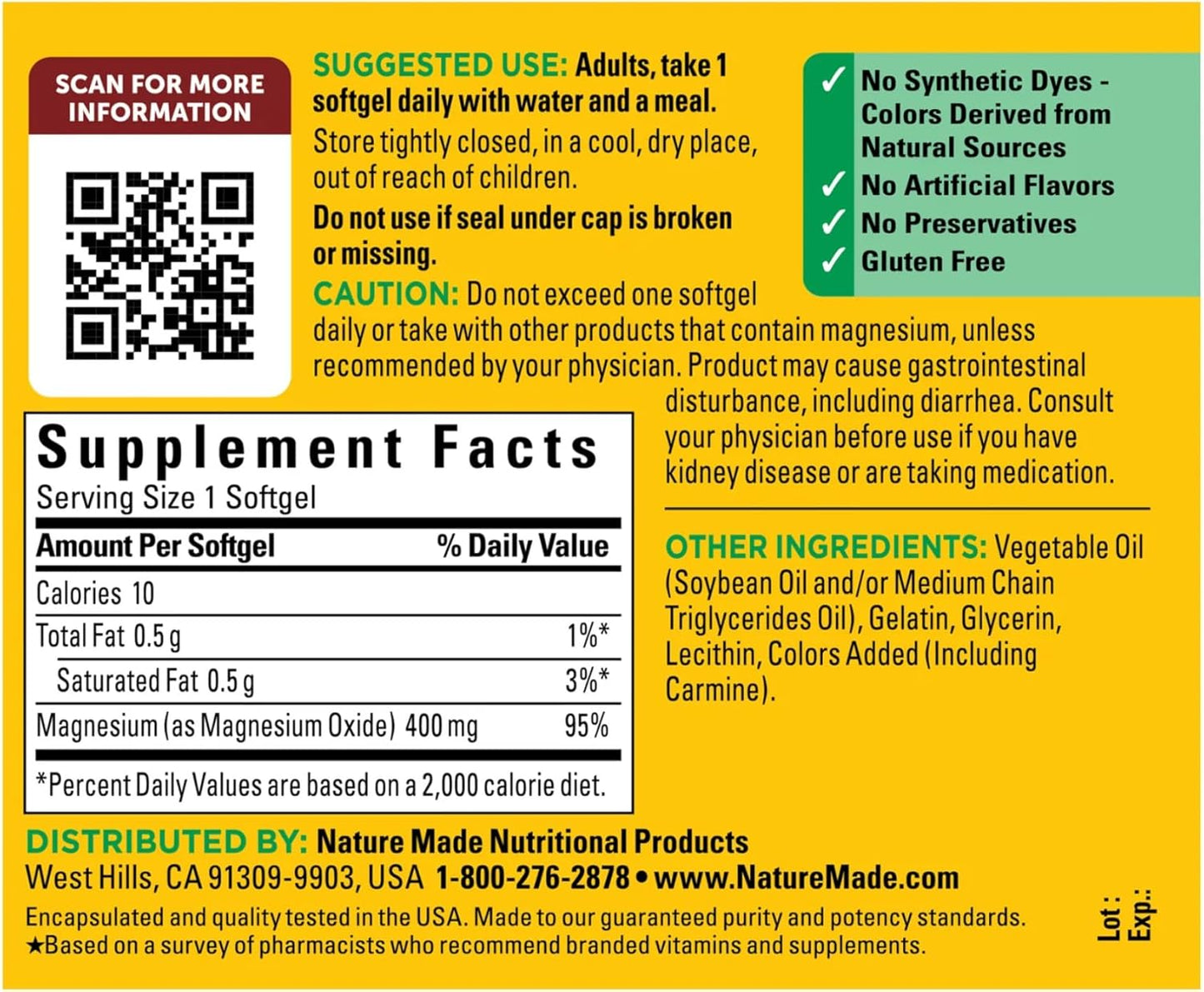 180-Count OProCyn NatureMade Extra Strength Magnesium 400 mg Softgels for Bone Health