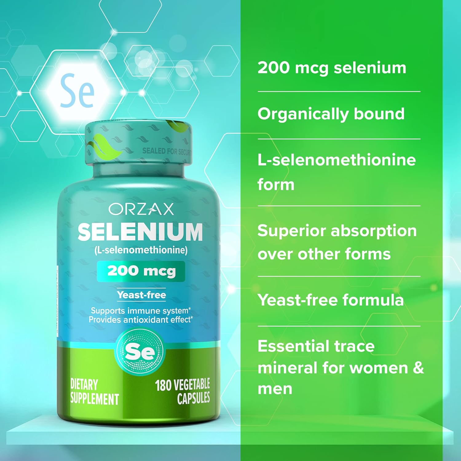180 Count ORZAX Selenium 200mcg Capsules - L-Selenomethionine for Immune & Thyroid Support - Antioxidant Supplement for Men and Women