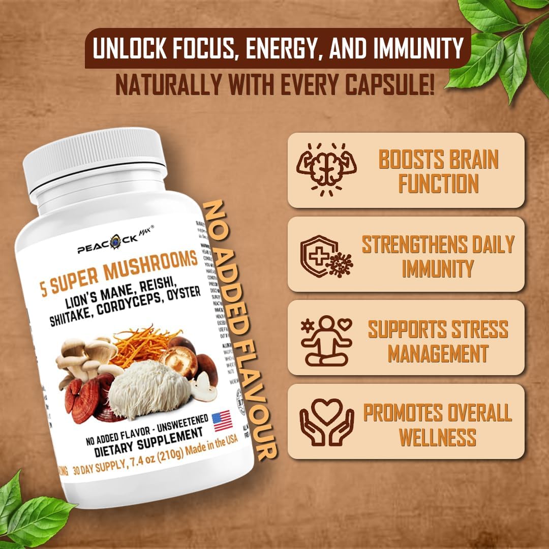 180 Count Peacock Max 5 Mushrooms Supplement for Memory, Focus, and Energy - Lion's Mane, Reishi, Shiitake, Cordyceps, Oyster - Immune & Brain Support Dietary Supplement