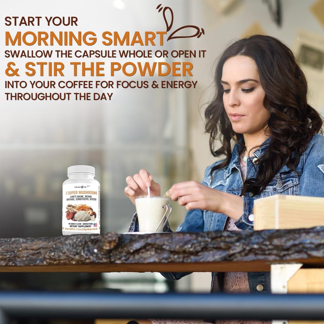 180 Count Peacock Max 5 Mushrooms Supplement for Memory, Focus, and Energy - Lion's Mane, Reishi, Shiitake, Cordyceps, Oyster - Immune & Brain Support Dietary Supplement
