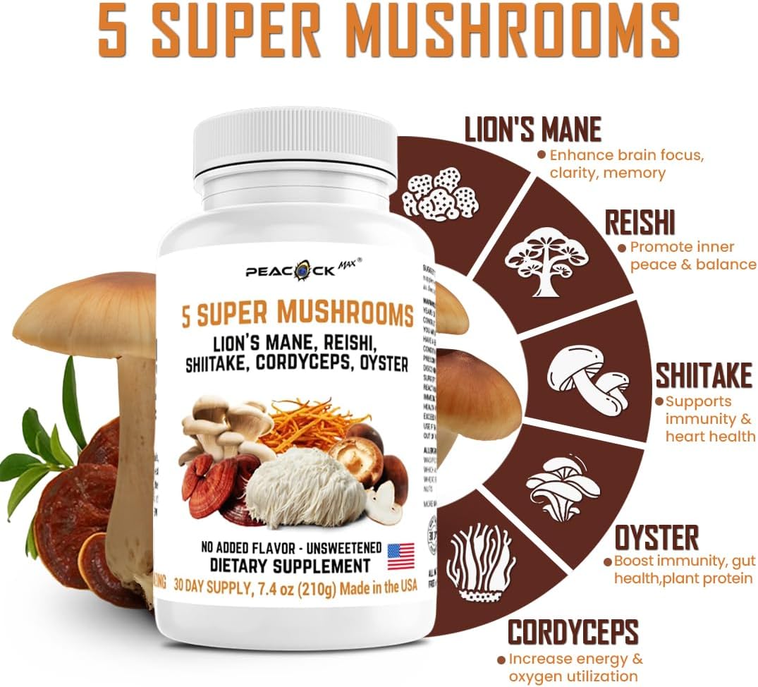 180 Count Peacock Max 5 Mushrooms Supplement for Memory, Focus, and Energy - Lion's Mane, Reishi, Shiitake, Cordyceps, Oyster - Immune & Brain Support Dietary Supplement
