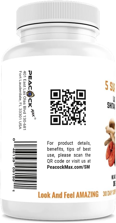 180 Count Peacock Max 5 Mushrooms Supplement for Memory, Focus, and Energy - Lion's Mane, Reishi, Shiitake, Cordyceps, Oyster - Immune & Brain Support Dietary Supplement