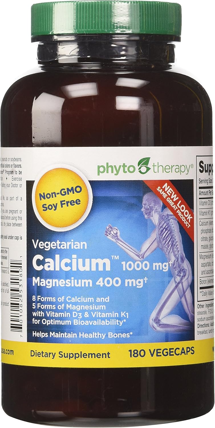 180 Count Phyto-Therapy Vegetarian Calcium and Magnesium Capsules for Bone Health