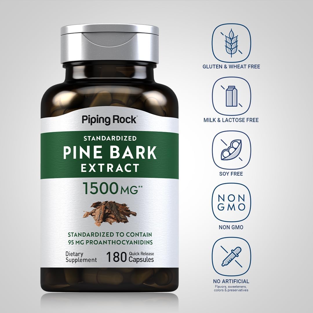 180 Count Piping Rock Pine Bark Extract Capsules - 1500mg Supplement for Men and Women - Non-GMO, Gluten Free