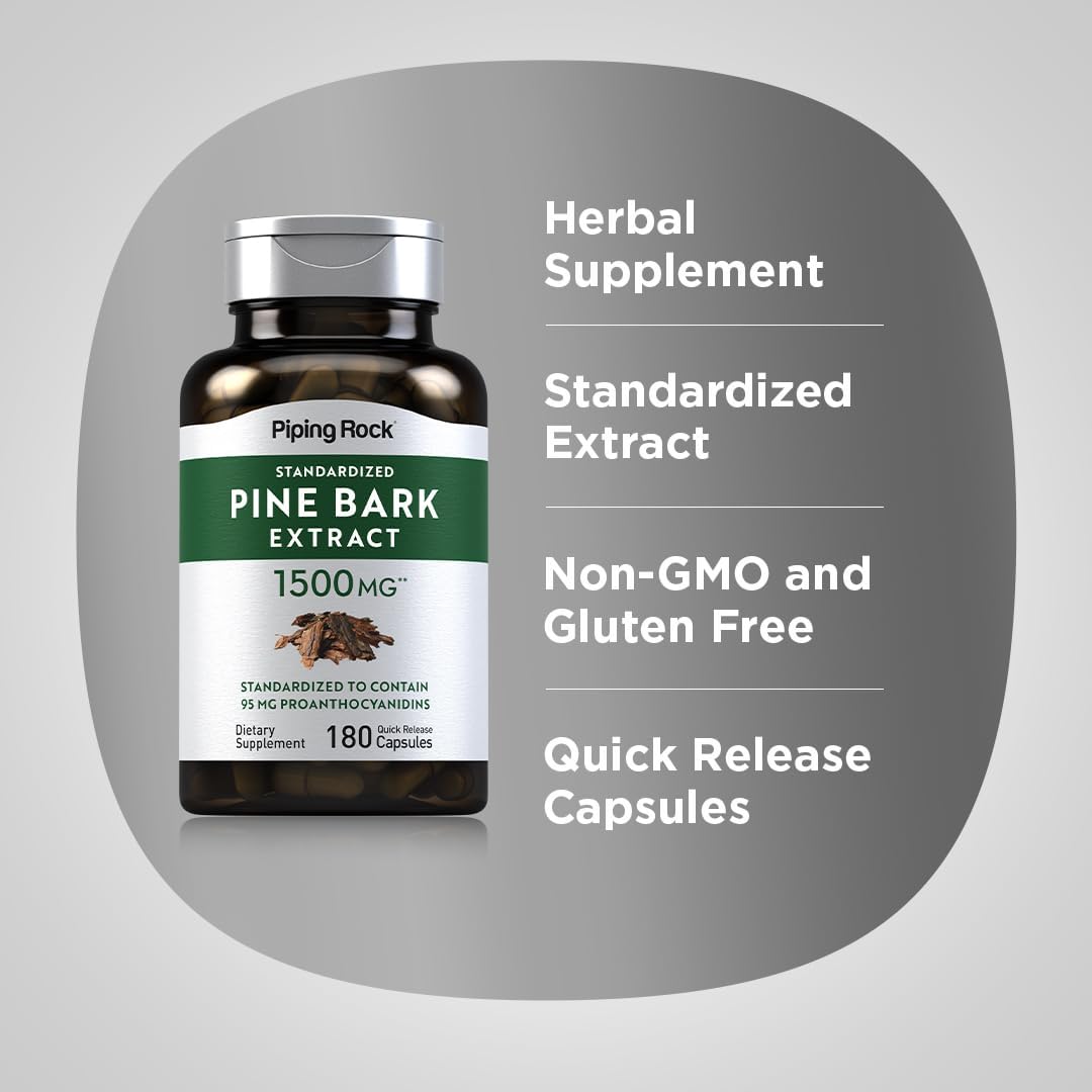180 Count Piping Rock Pine Bark Extract Capsules - 1500mg Supplement for Men and Women - Non-GMO, Gluten Free