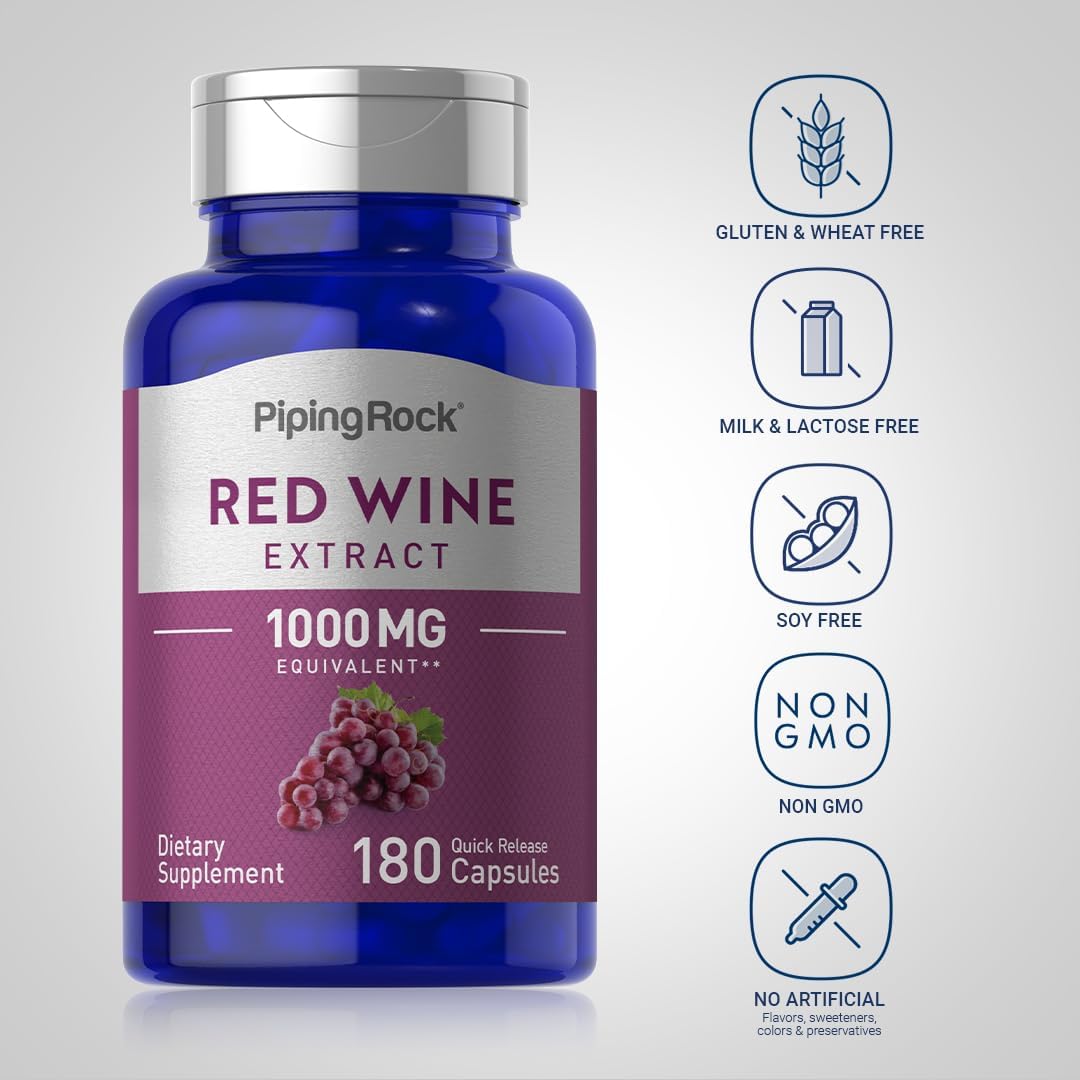 180 Count Piping Rock Red Wine Extract Capsules 1000mg - Non-GMO, Gluten Free Formula