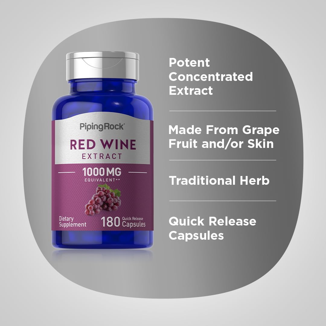 180 Count Piping Rock Red Wine Extract Capsules 1000mg - Non-GMO, Gluten Free Formula