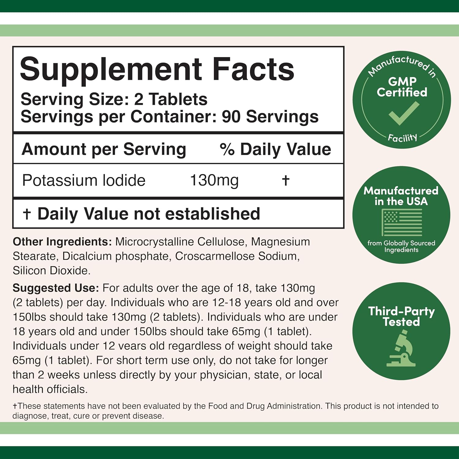 180 Count Potassium Iodide 130mg Tablets for Emergency Radiation Exposure - 3 Month Supply by Double Wood Supplements