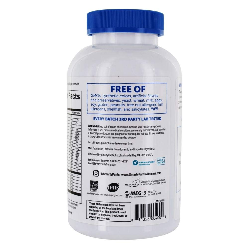 180 Count SmartyPants Adult Complete Daily Gummy Vitamins: Gluten-Free Multivitamin with Omega-3 DHA/EPA Fish Oil, Methyl B12, Vitamin D3 - Non-GMO - 30 Day Supply