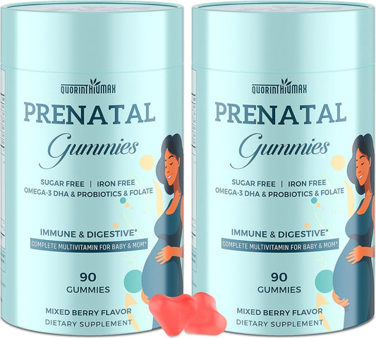 180 Count Sugar-Free Prenatal Gummies with Folate, DHA, & Probiotics - Iron-Free for Immune & Digestive Support - 90 Gummies x 2 Bottles