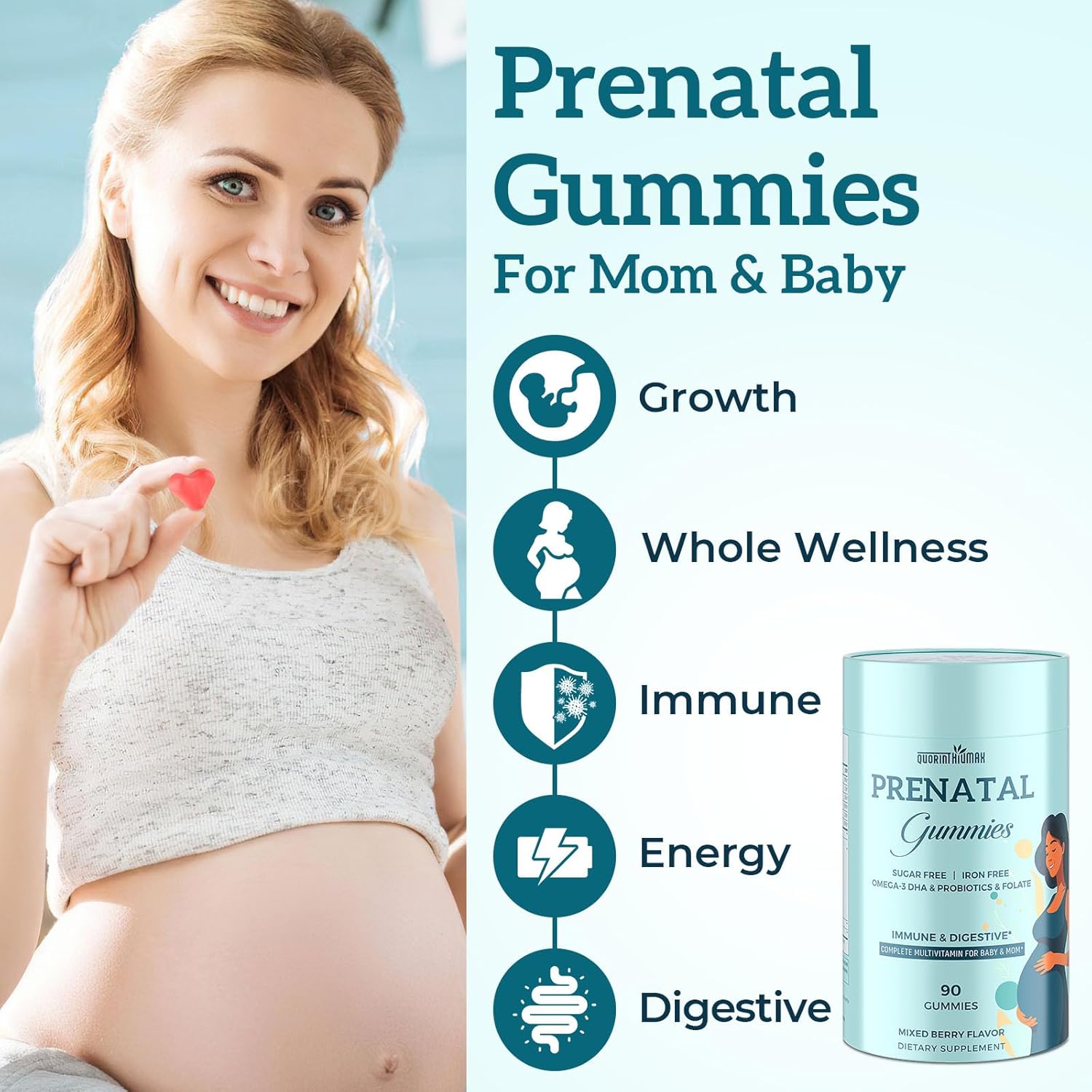 180 Count Sugar-Free Prenatal Gummies with Folate, DHA, & Probiotics - Iron-Free for Immune & Digestive Support - 90 Gummies x 2 Bottles