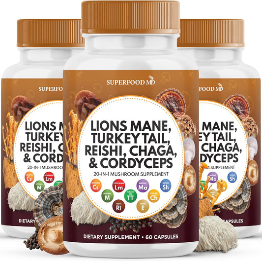 180 Count Superfood MD Lions Mane Mushroom Supplement with Turkey Tail, Reishi, Cordyceps, Chaga, and Marshmallow Root