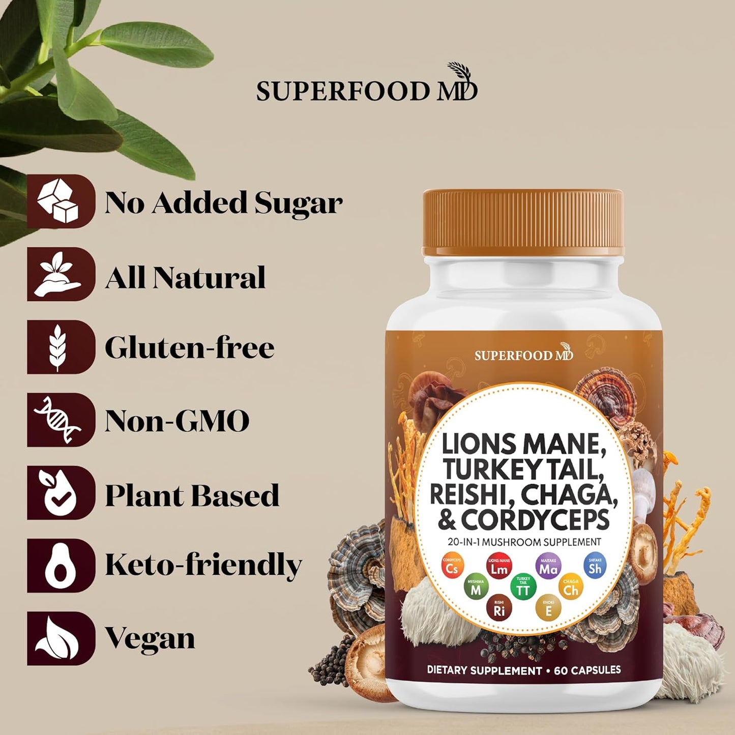 180 Count Superfood MD Lions Mane Mushroom Supplement with Turkey Tail, Reishi, Cordyceps, Chaga, and Marshmallow Root