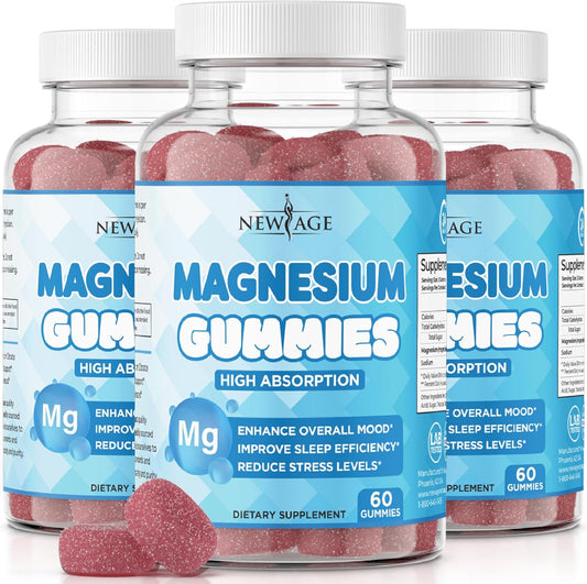 180 Count Vegan Raspberry Magnesium Gummies for Adults & Kids - Non-GMO Stress Relief Supplement by New Age