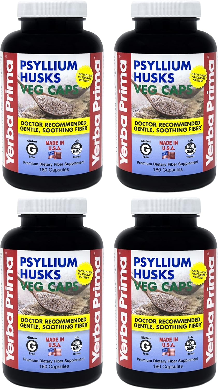 180 Count Yerba Prima Psyllium Husks Veg Caps - Pack of 4 - Vegan, Non-GMO, Gluten Free, Colon Cleanser & Daily Fiber Supplement
