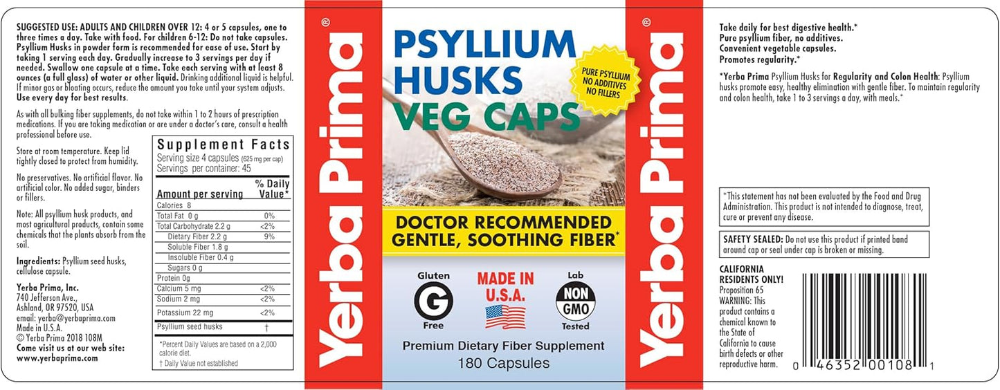 180 Count Yerba Prima Psyllium Husks Veg Caps - Pack of 4 - Vegan, Non-GMO, Gluten Free, Colon Cleanser & Daily Fiber Supplement