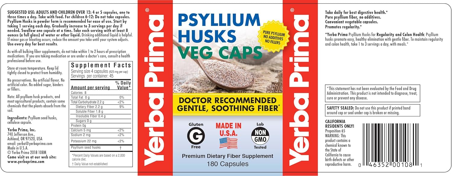 180 Count Yerba Prima Psyllium Husks Veg Caps - Pack of 4 - Vegan, Non-GMO, Gluten Free, Colon Cleanser & Daily Fiber Supplement
