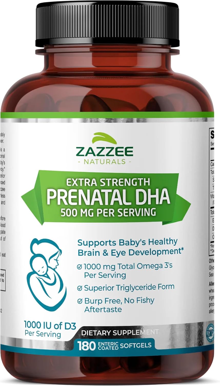 180 Count Zazzee Prenatal DHA Softgels - 500mg, 1000mg Omega 3, 1000UI Vitamin D3, No Fishy Aftertaste, Burp-Free - BoostGo Australia