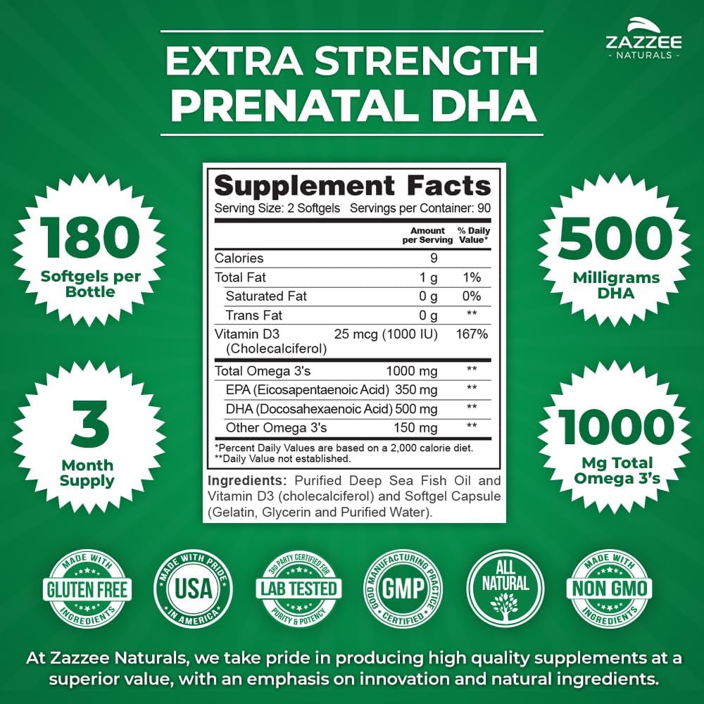 180 Count Zazzee Prenatal DHA Softgels - 500mg, 1000mg Omega 3, 1000UI Vitamin D3, No Fishy Aftertaste, Burp-Free - BoostGo Australia