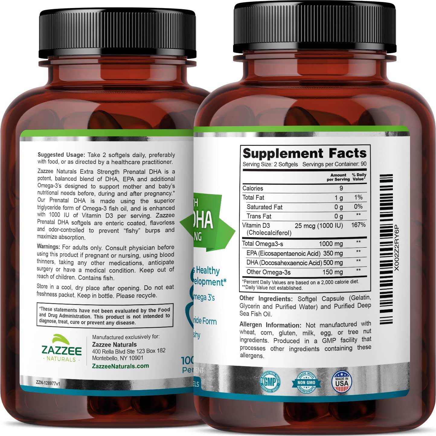 180 Count Zazzee Prenatal DHA Softgels - 500mg, 1000mg Omega 3, 1000UI Vitamin D3, No Fishy Aftertaste, Burp-Free - BoostGo Australia