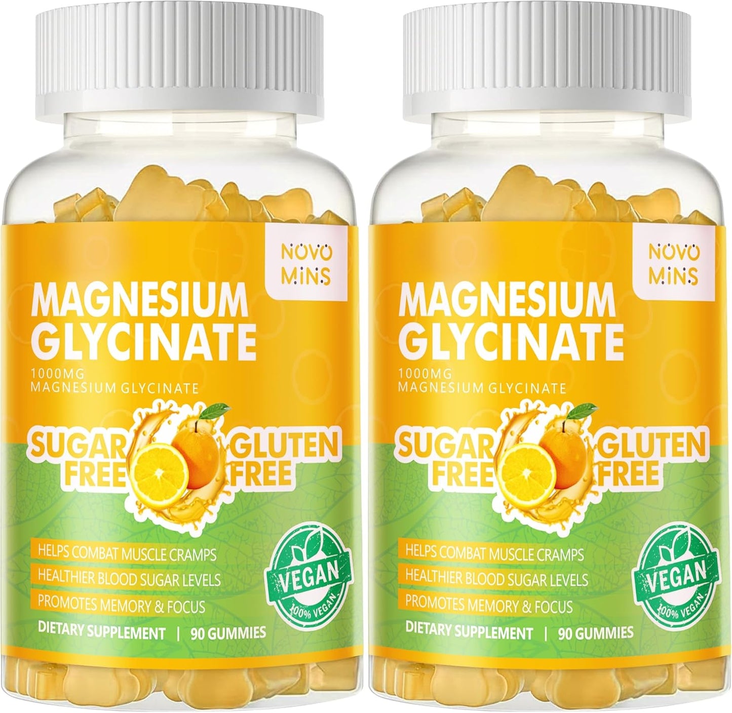 180 CT Novomins Magnesium Glycinate Gummies 1000mg - Sugar Free Supplement with Vitamin D, B6, CoQ10 for Calm Mood & Sleep Support - Orange Gummies