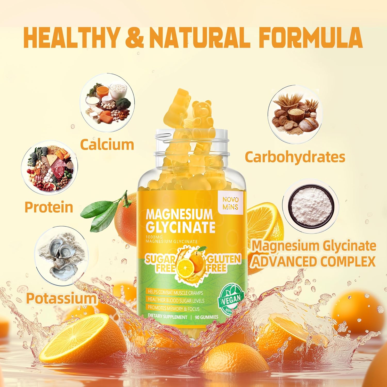180 CT Novomins Magnesium Glycinate Gummies 1000mg - Sugar Free Supplement with Vitamin D, B6, CoQ10 for Calm Mood & Sleep Support - Orange Gummies