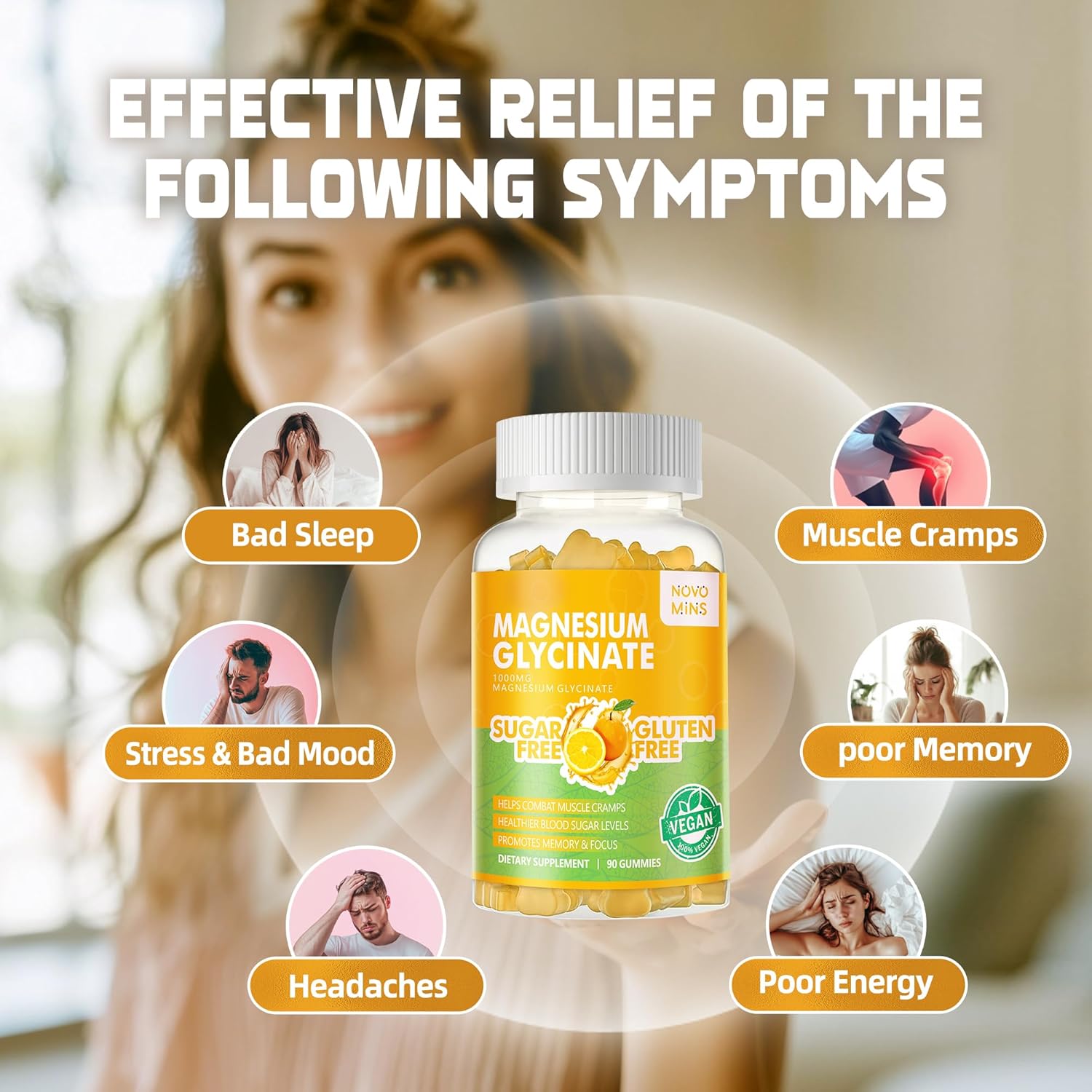 180 CT Novomins Magnesium Glycinate Gummies 1000mg - Sugar Free Supplement with Vitamin D, B6, CoQ10 for Calm Mood & Sleep Support - Orange Gummies