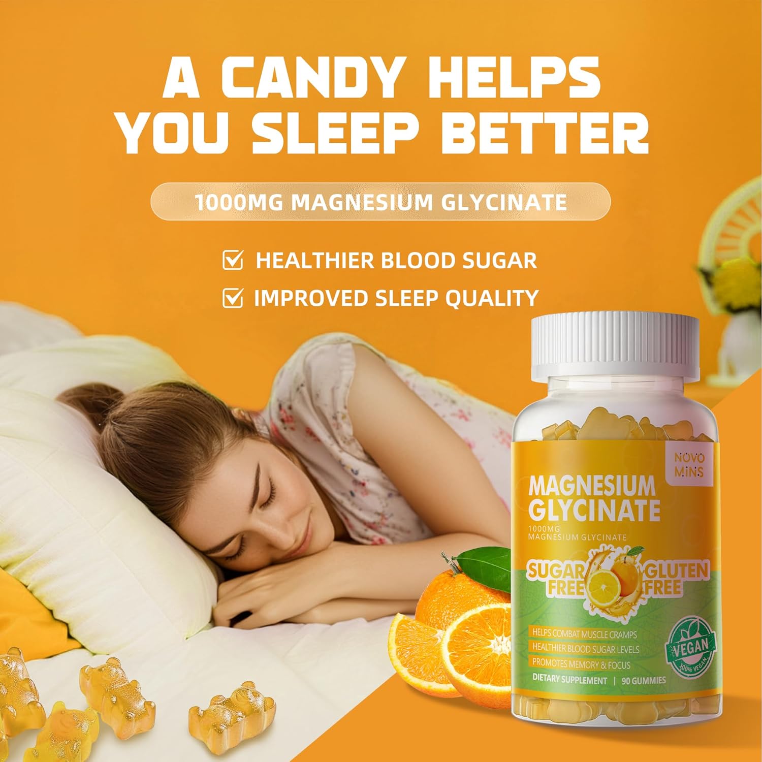 180 CT Novomins Magnesium Glycinate Gummies 1000mg - Sugar Free Supplement with Vitamin D, B6, CoQ10 for Calm Mood & Sleep Support - Orange Gummies