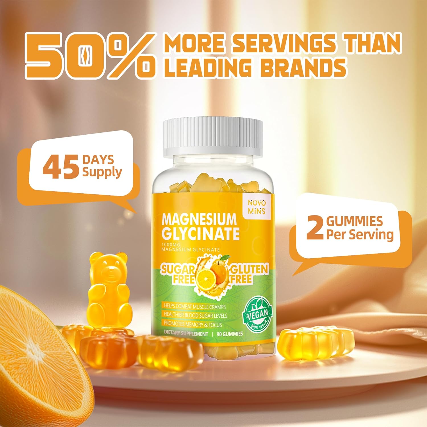 180 CT Novomins Magnesium Glycinate Gummies 1000mg - Sugar Free Supplement with Vitamin D, B6, CoQ10 for Calm Mood & Sleep Support - Orange Gummies