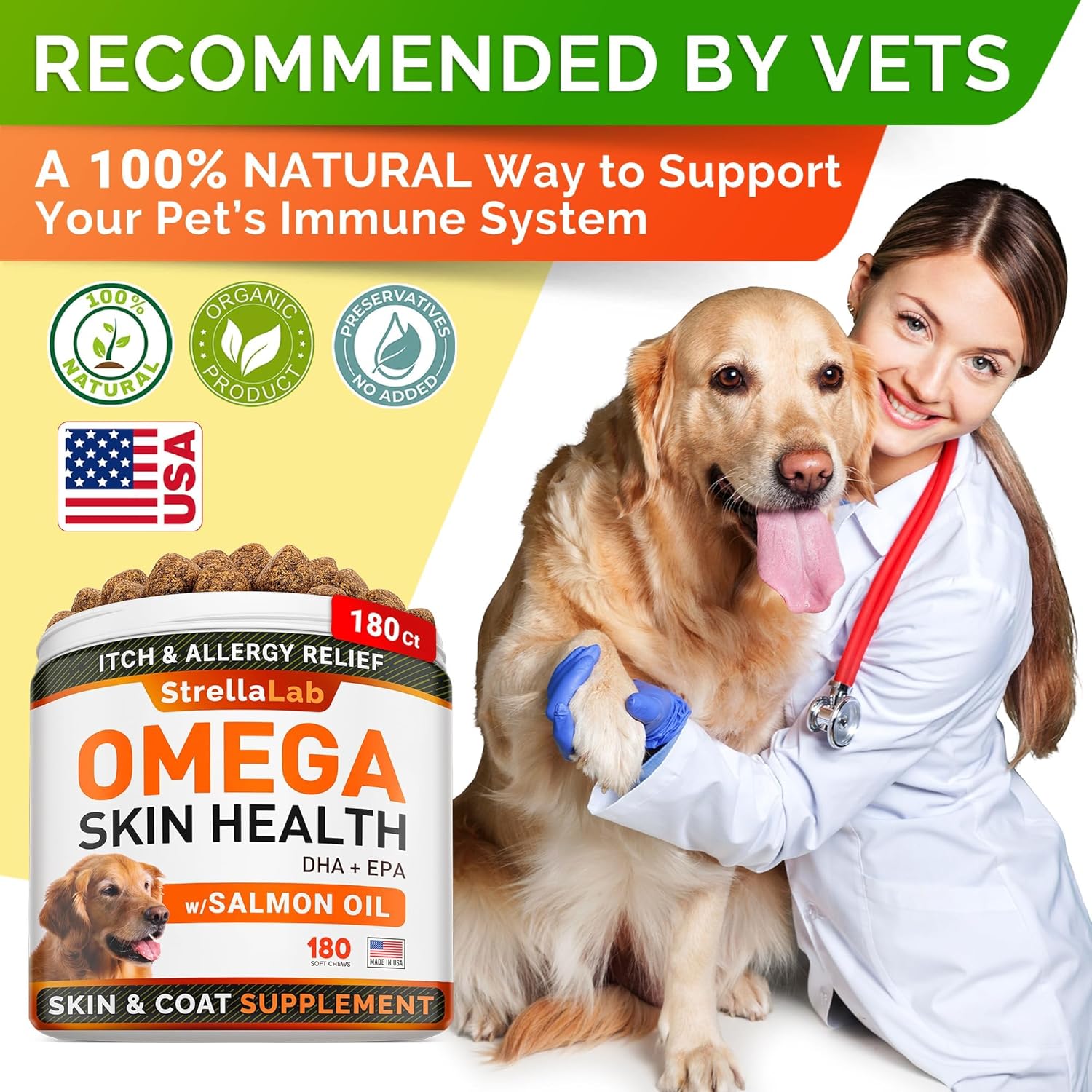180 Ct StrellaLab Omega 3 Fish Oil Treats for Dogs - Skin & Coat Supplement for Allergy & Itch Relief - Dry Skin, Shedding, Hot Spots Treatment - Chicken Flavored Salmon Oil Chews